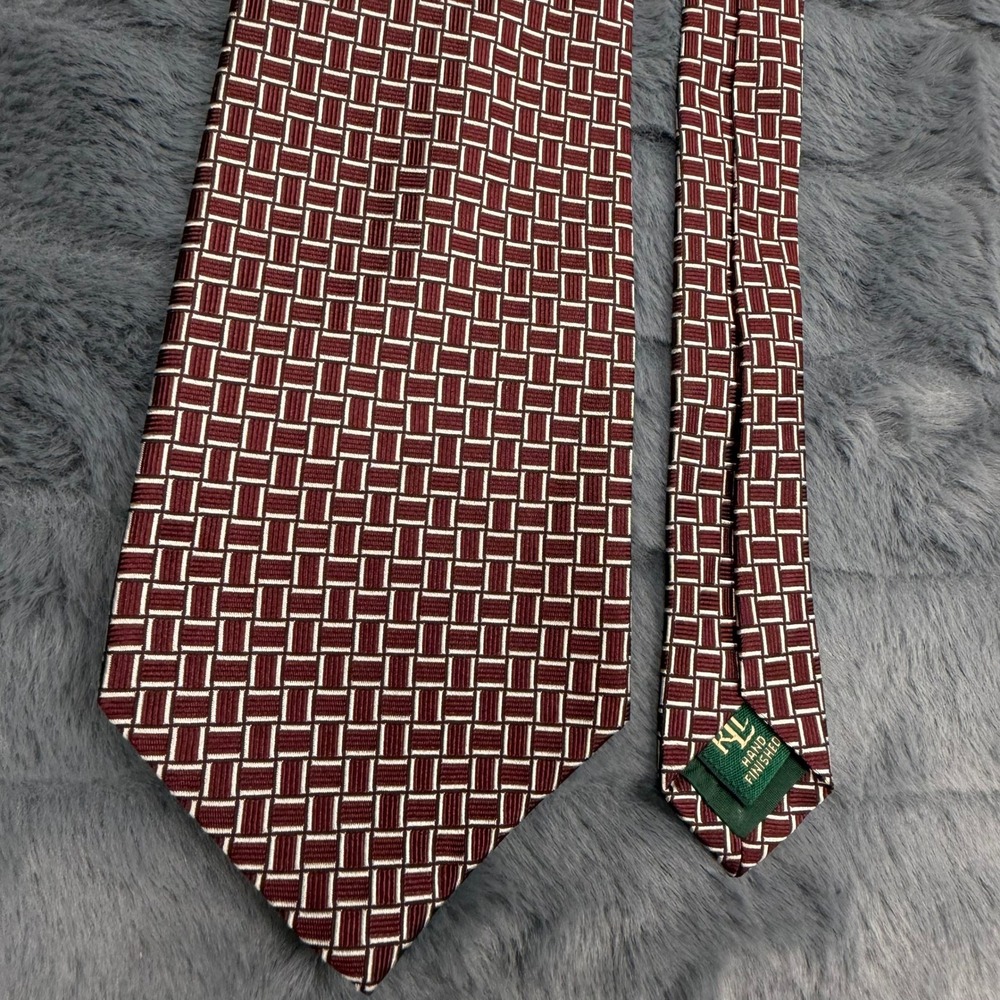 Lauren Ralph Lauren Silk Tie Burgundy Geometric Basketweave Hand Finished USA